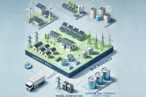 Abbildung eines Energienetzes und Mikronetzes mit Windturbinen, Sonnenkollektoren, Dieselgeneratoren und Lithium-Ionen-Speicher