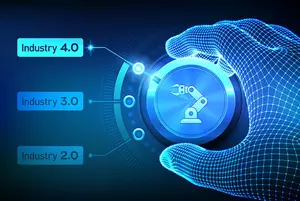 Evolution of industry from 2.0 to 4.0 with a robot arm symbol